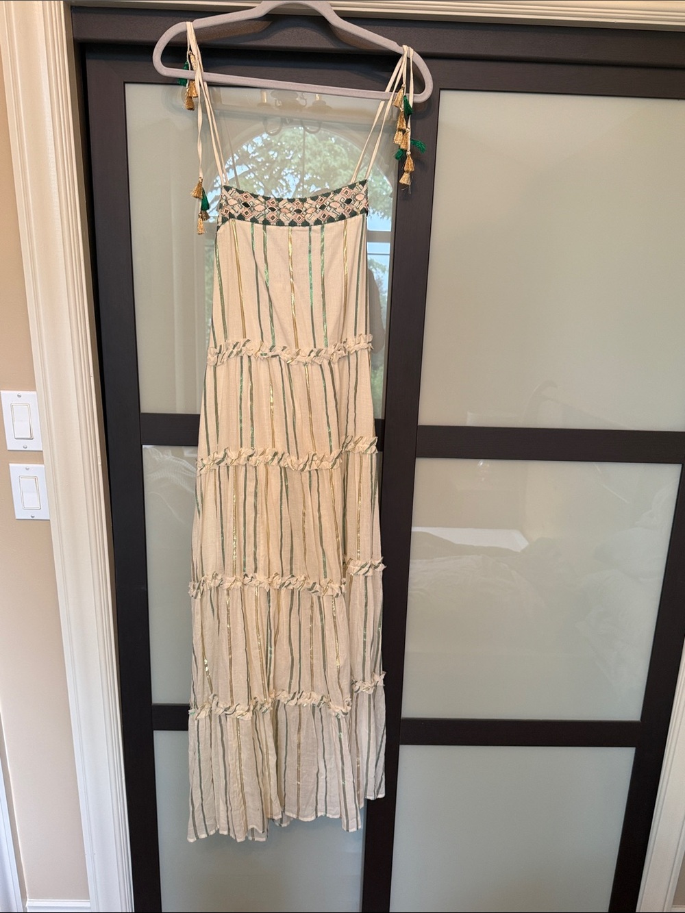 Anthropologie Ranna Gill Tiered Maxi Dress with Green and Gold Accent Stripes